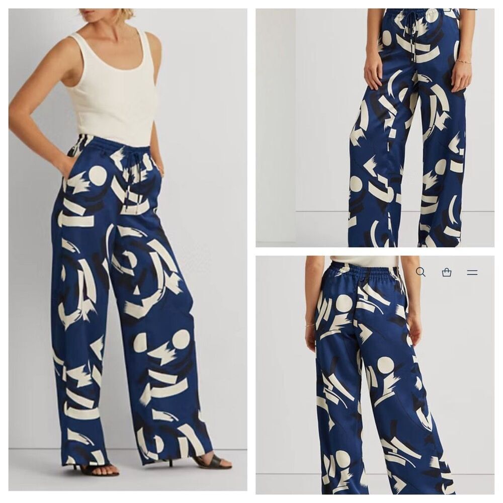 Lauren Ralph Lauren Wide Leg Pants Blue Geometric Pull On Elastic Waist SP